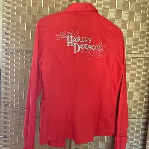 Vintage Harley Davidson M red-coral long sleeve double cuff, button dress shirt.